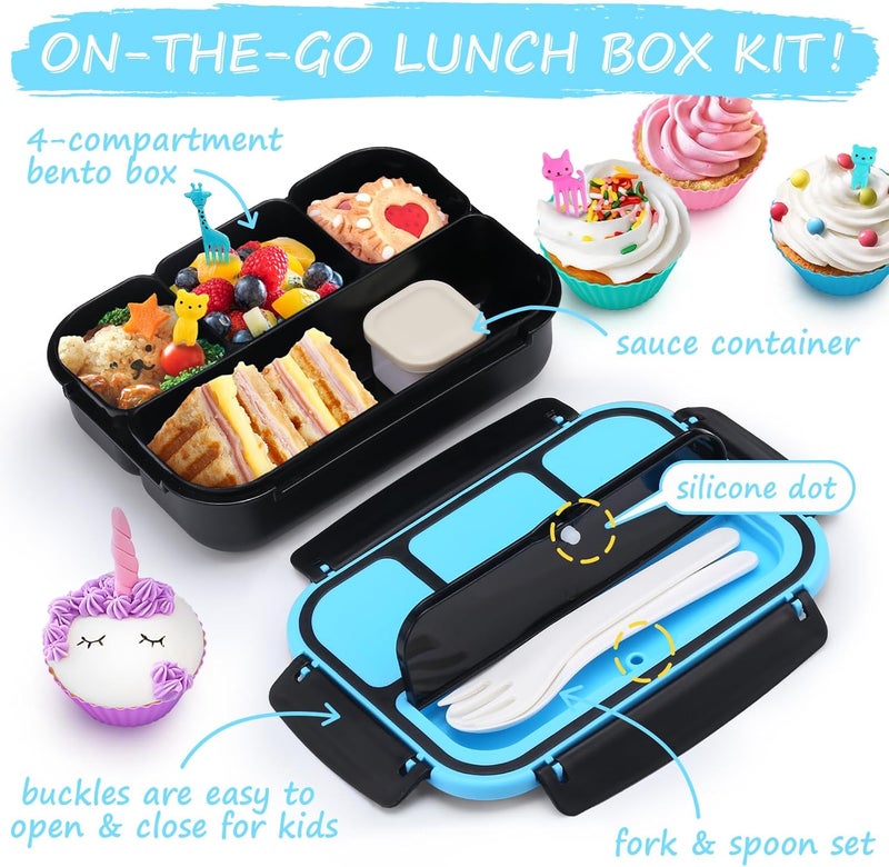 QQKO Bento Box for Kids Adults, School Toddler Lunch Box for Boys Girls, Lunch Box Containers with 4 Compartments, Sauce Container, Utensils, Food Picks and Muffin Cups for School, Black Blue - Image 3